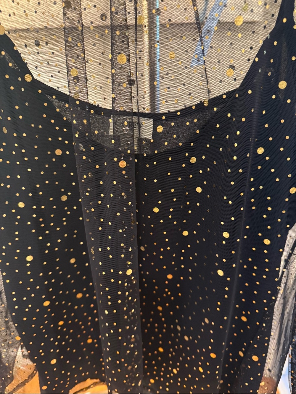 J. Crew Black Mesh Top with Gold Dot Print